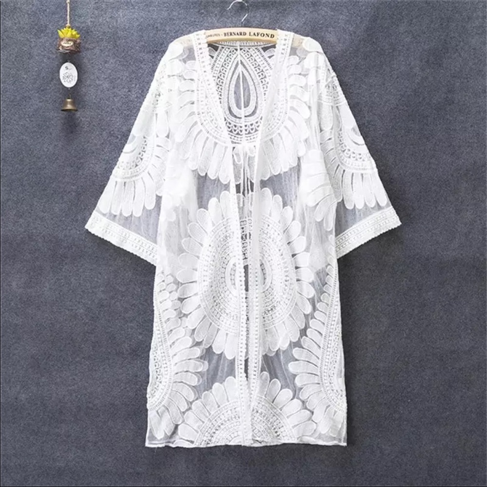 New! White Boho Floral Lace Kimono Beach Coverup - Picture 6 of 13
